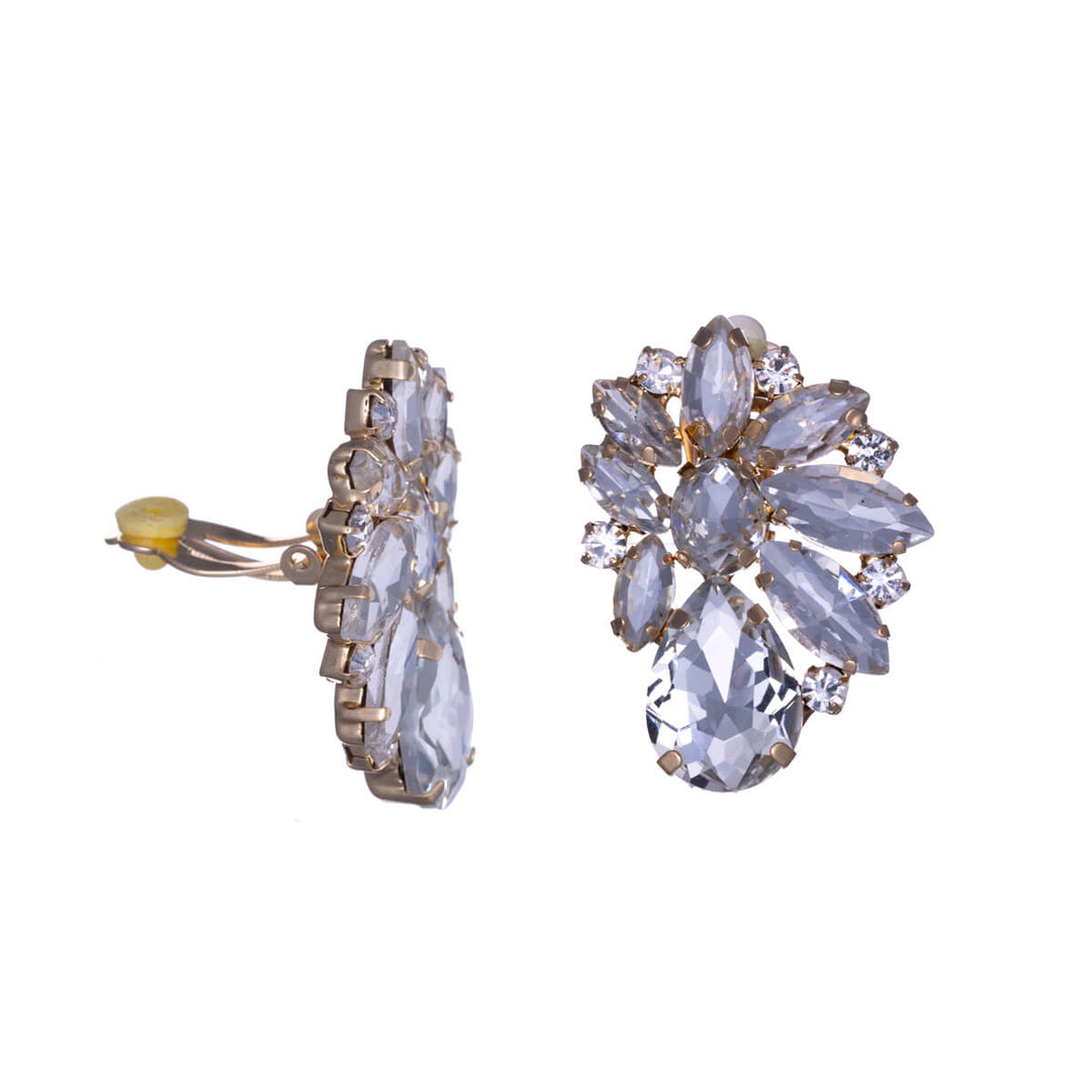 Showy festive clip earrings with glass stones