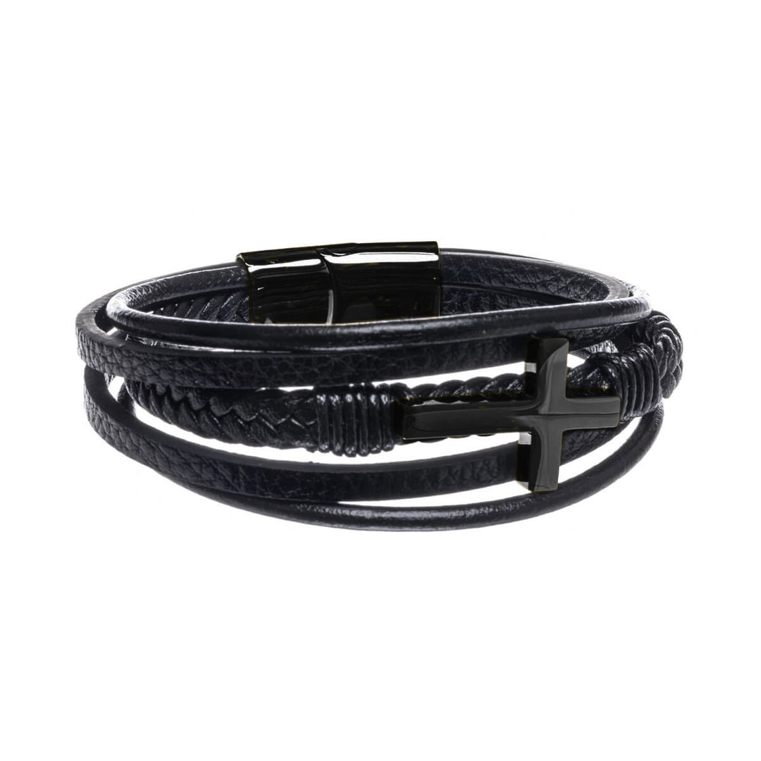 Five row leather bracelet with cross (Steel 316L)