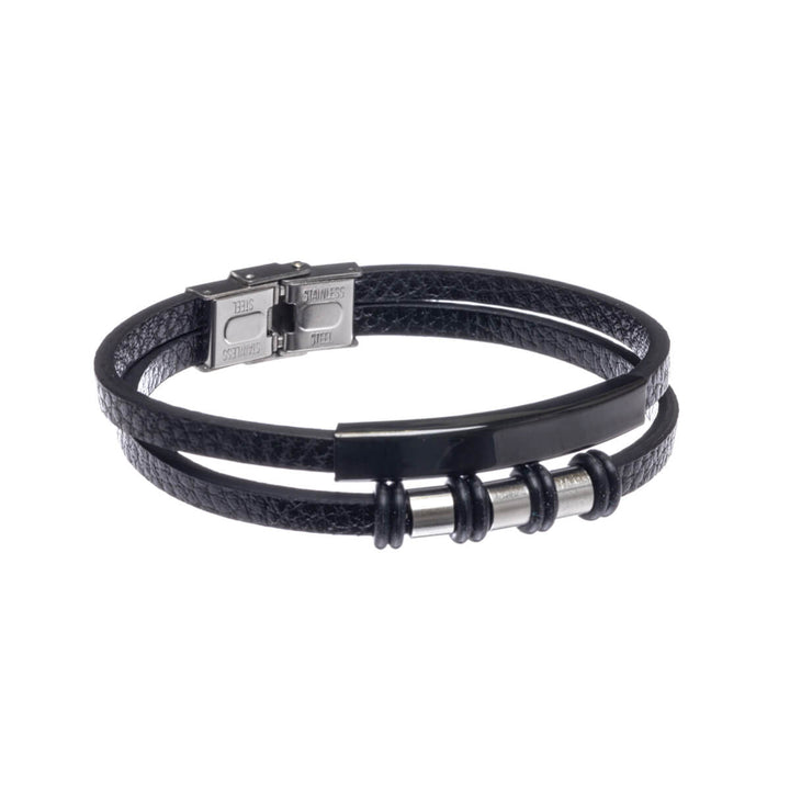 Two row leatherette bracelet with plate (Steel 316L)