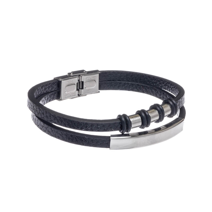 Double row leatherette bracelet with plate (Steel 316L)