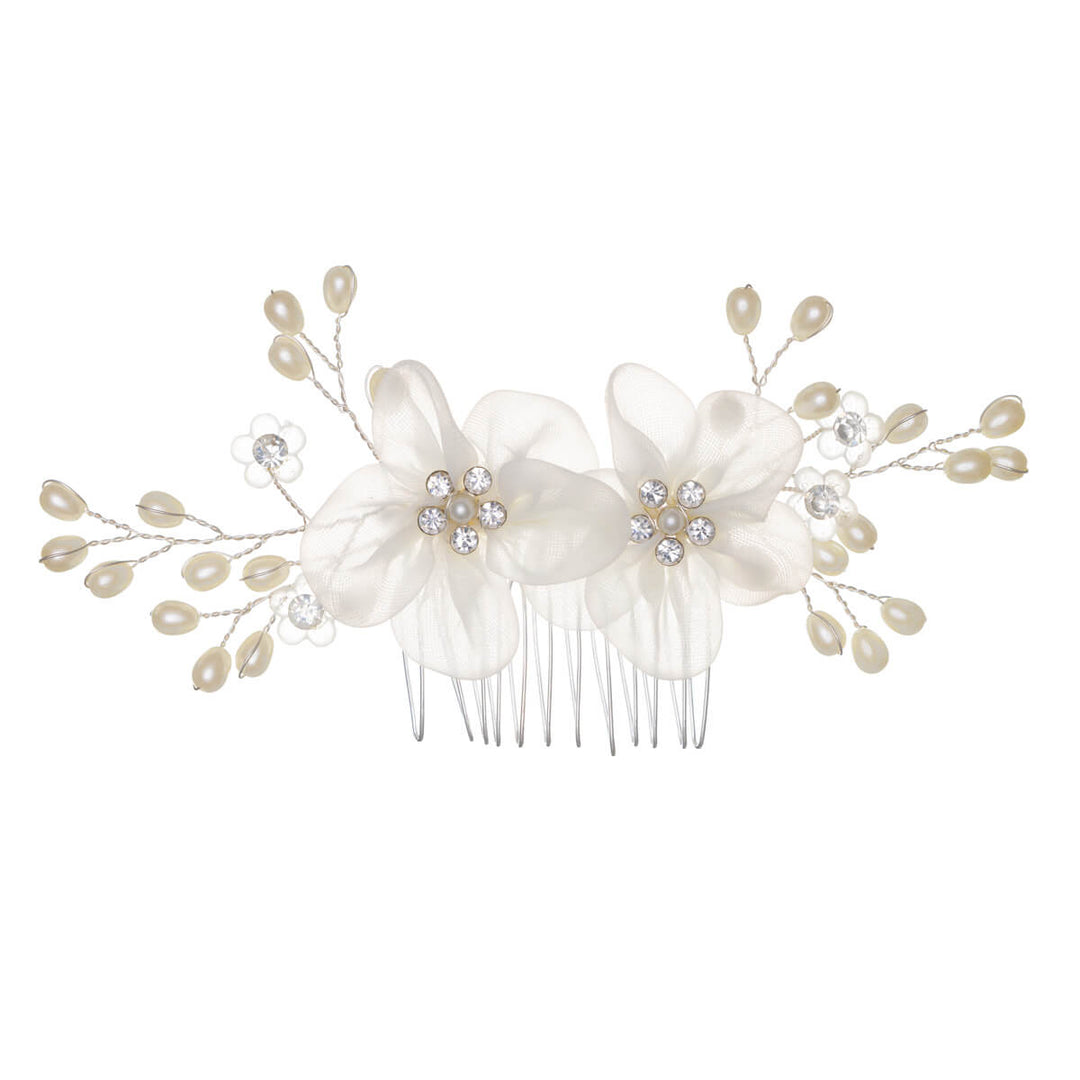 Shapely pearl hairband with side comb fabric flowers