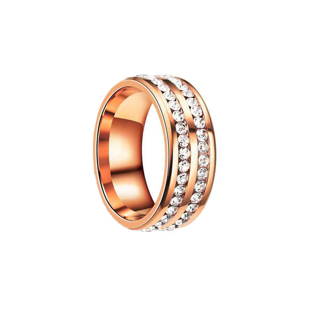 Rose gold two row rhinestone steel ring 8mm