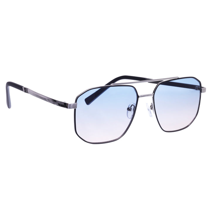 Angled aviator sunglasses with metal frames